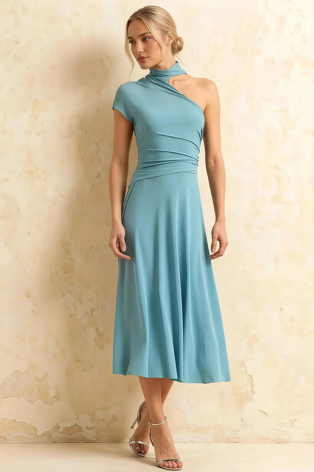 Ida Powder Blue Asymmetric Neck Midi Dress with Scarf Detail