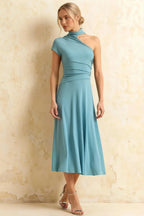 Ida Powder Blue Asymmetric Neck Midi Dress with Scarf Detail