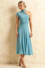 Ida Powder Blue Asymmetric Neck Midi Dress with Scarf Detail