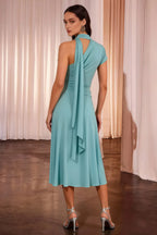 Ida Powder Blue Asymmetric Neck Midi Dress with Scarf Detail