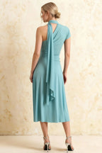 Ida Powder Blue Asymmetric Neck Midi Dress with Scarf Detail