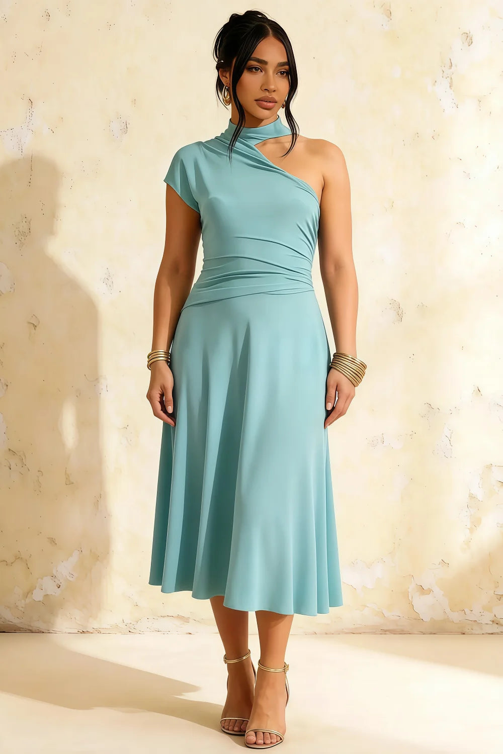 Ida Powder Blue Asymmetric Neck Midi Dress with Scarf Detail