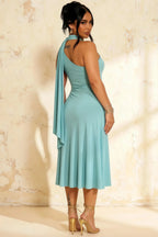Ida Powder Blue Asymmetric Neck Midi Dress with Scarf Detail
