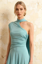 Ida Powder Blue Asymmetric Neck Midi Dress with Scarf Detail