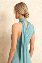 Ida Powder Blue Asymmetric Neck Midi Dress with Scarf Detail