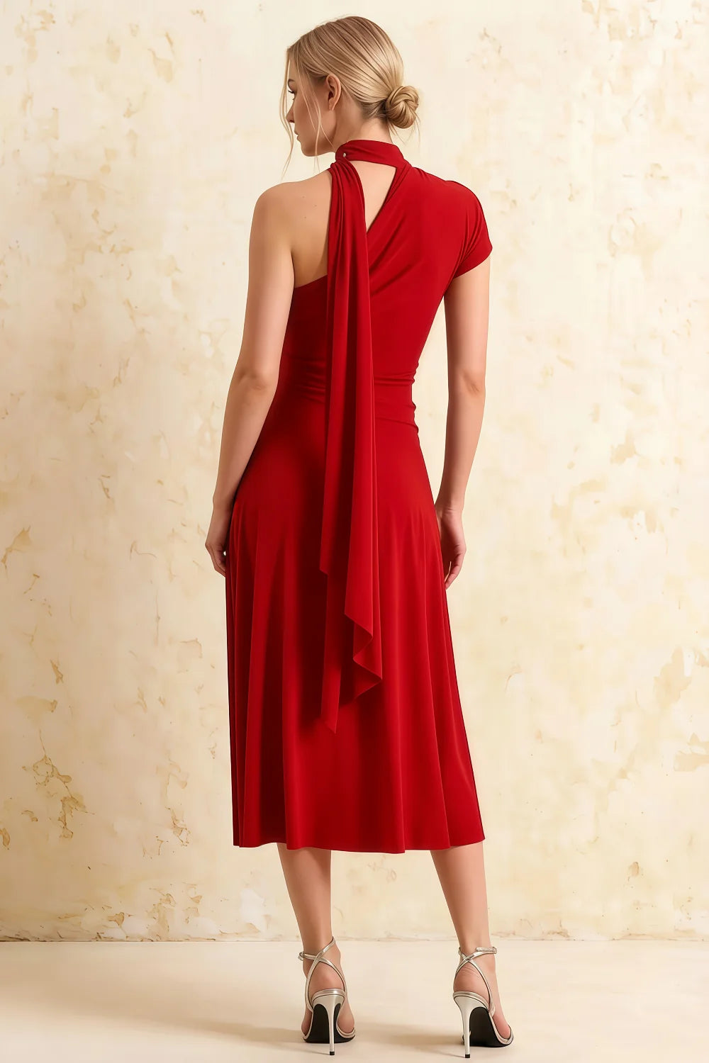 Ida Red Asymmetric Neck Midi Dress with Scarf Detail