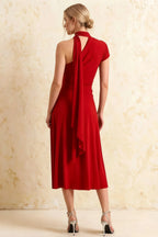 Ida Red Asymmetric Neck Midi Dress with Scarf Detail