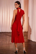 Ida Red Asymmetric Neck Midi Dress with Scarf Detail