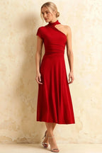 Ida Red Asymmetric Neck Midi Dress with Scarf Detail