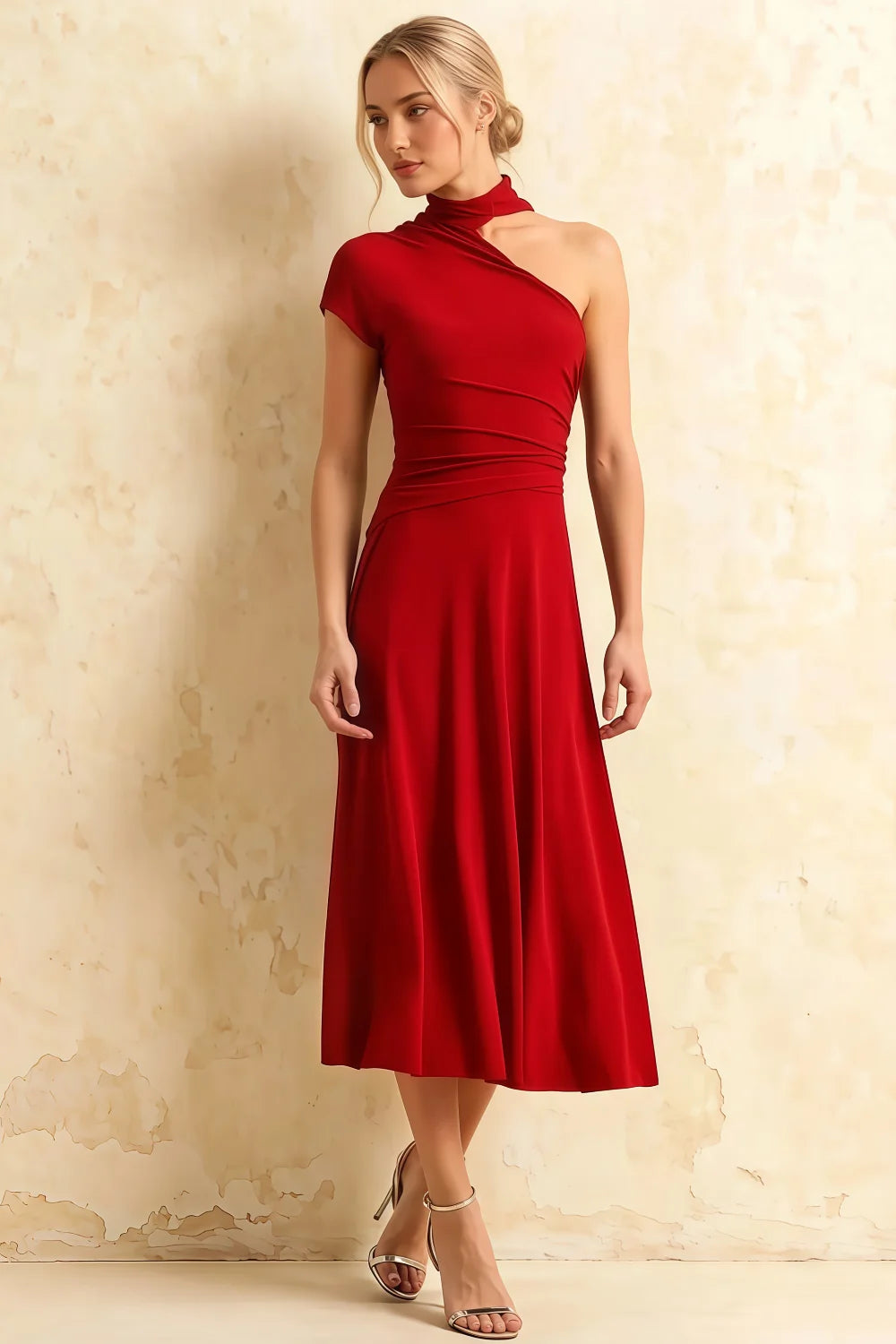 Ida Red Asymmetric Neck Midi Dress with Scarf Detail