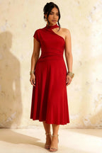 Ida Red Asymmetric Neck Midi Dress with Scarf Detail