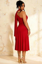 Ida Red Asymmetric Neck Midi Dress with Scarf Detail