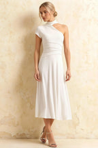 Ida White Asymmetric Neck Midi Dress with Scarf Detail