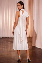 Ida White Asymmetric Neck Midi Dress with Scarf Detail
