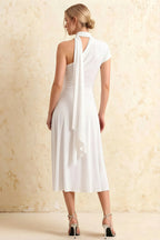 Ida White Asymmetric Neck Midi Dress with Scarf Detail