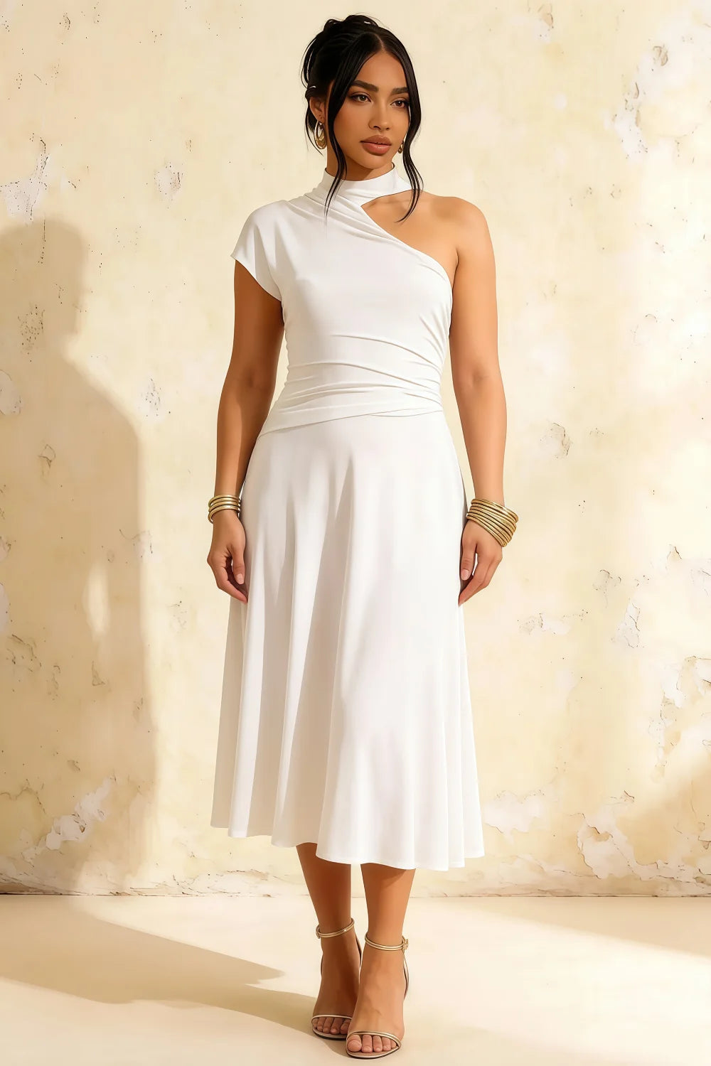 Ida White Asymmetric Neck Midi Dress with Scarf Detail