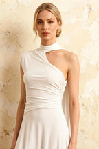 Ida White Asymmetric Neck Midi Dress with Scarf Detail