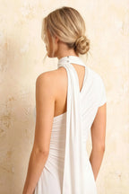 Ida White Asymmetric Neck Midi Dress with Scarf Detail