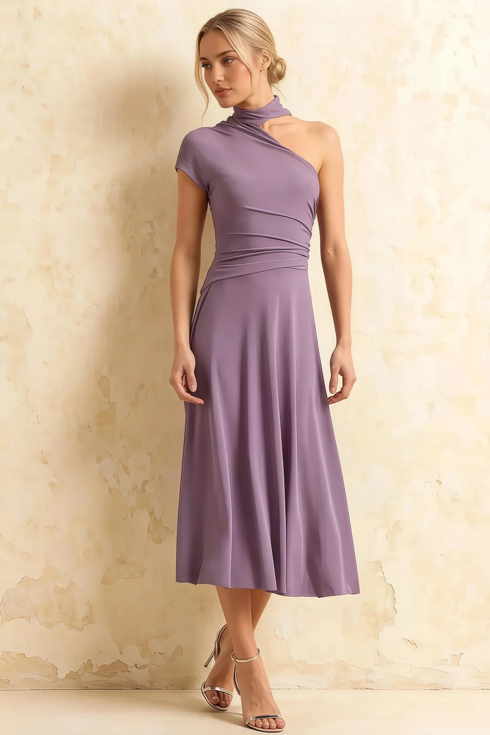 Ida Wisteria Asymmetric Neck Midi Dress with Scarf Detail Main image