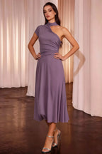 Ida Wisteria Asymmetric Neck Midi Dress with Scarf Detail