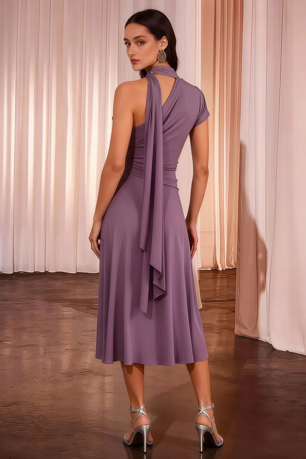 Ida Wisteria Asymmetric Neck Midi Dress with Scarf Detail