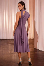Ida Wisteria Asymmetric Neck Midi Dress with Scarf Detail