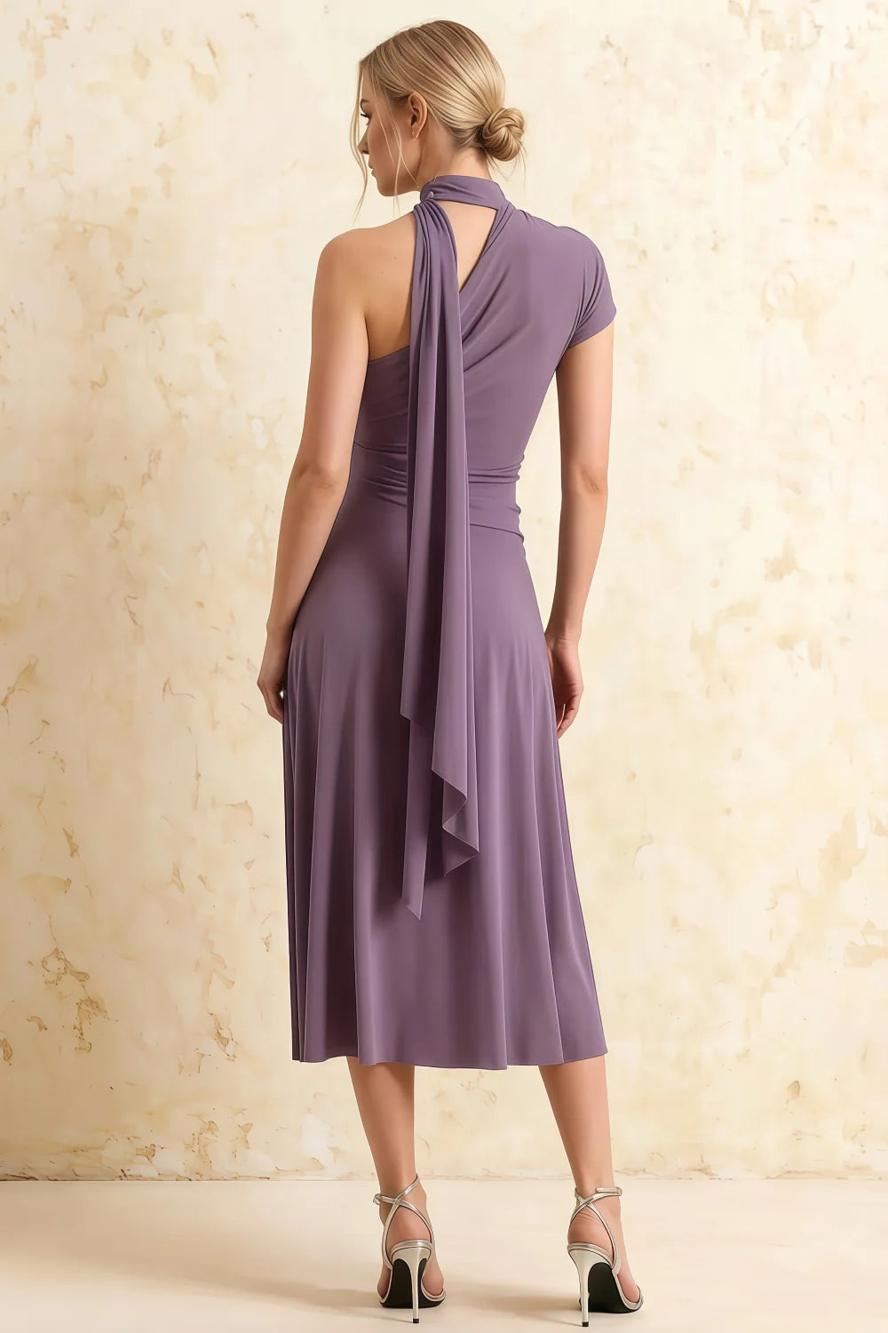 Vestido midi con cuello asimétrico y detalle de bufanda Ida Wisteria