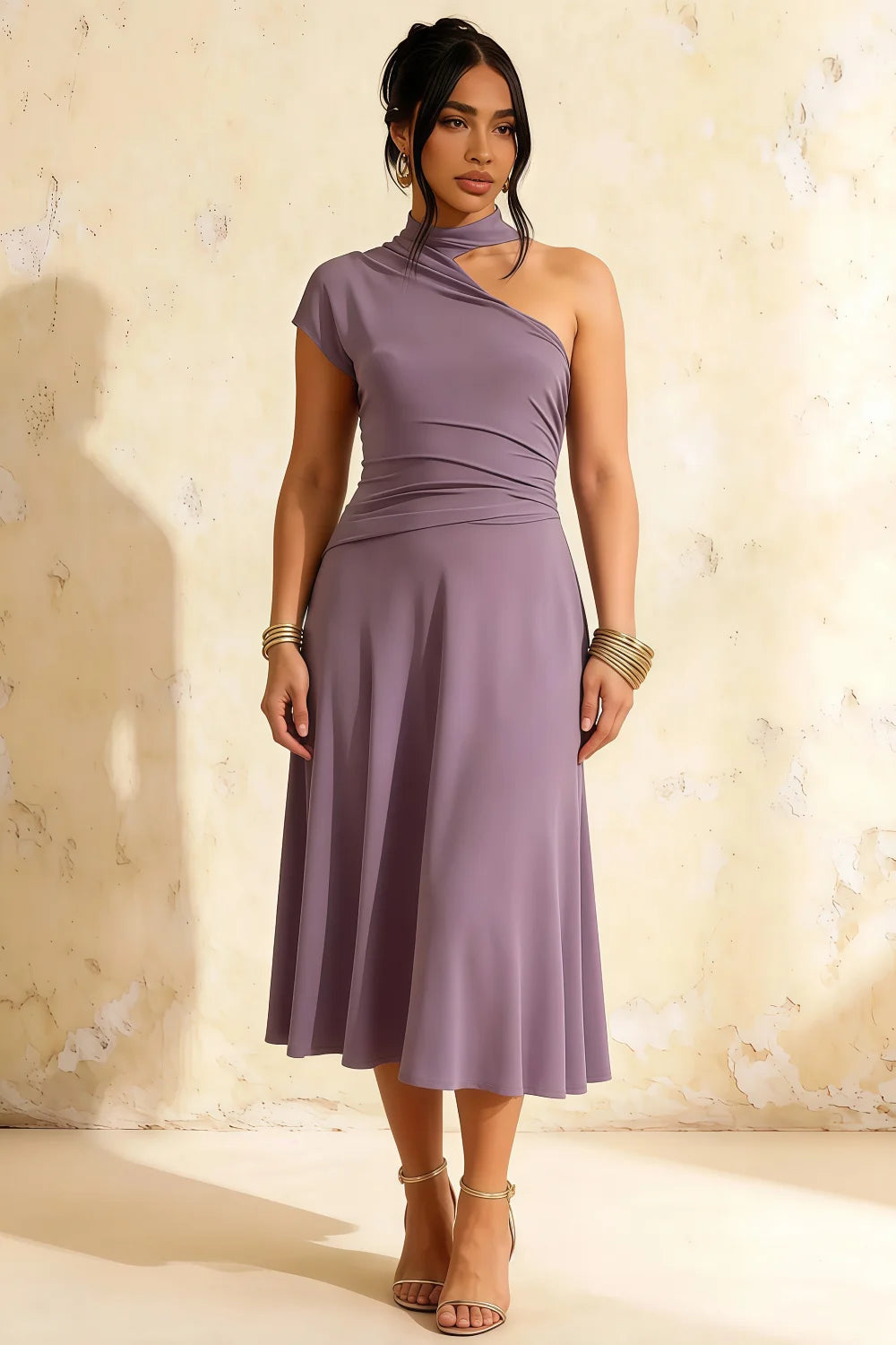 Ida Wisteria Asymmetric Neck Midi Dress with Scarf Detail