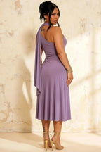 Ida Wisteria Asymmetric Neck Midi Dress with Scarf Detail