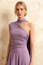 Ida Wisteria Asymmetric Neck Midi Dress with Scarf Detail