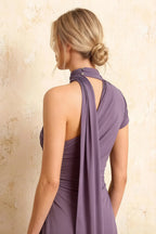 Ida Wisteria Asymmetric Neck Midi Dress with Scarf Detail