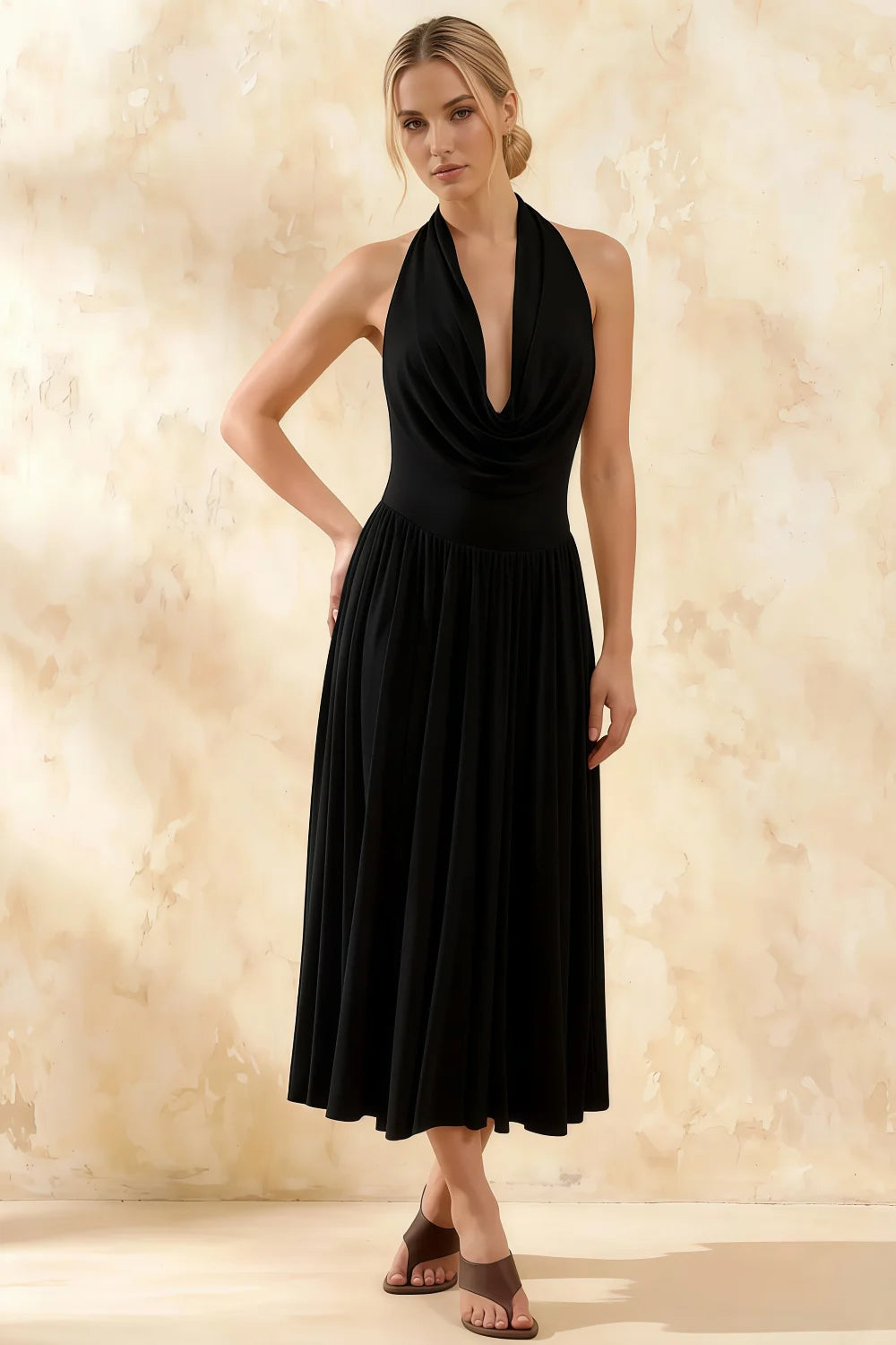 Ilene Black Jersey Cowl Neck Midi Dress