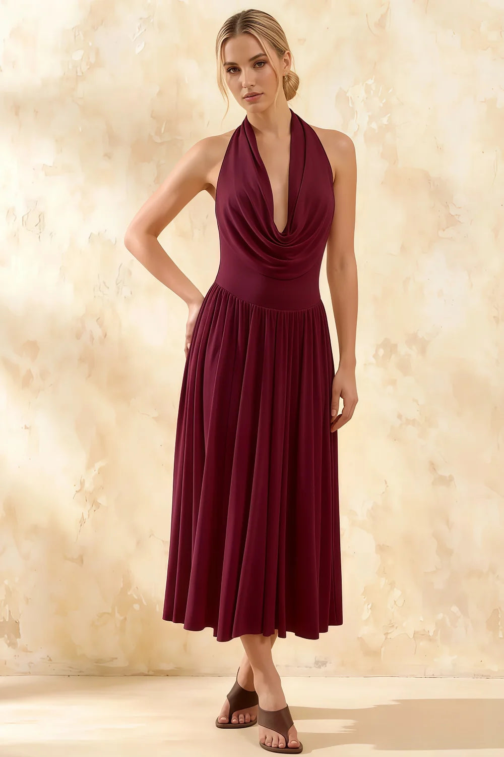 Ilene Burgundy Jersey Cowl Neck Midi Dress