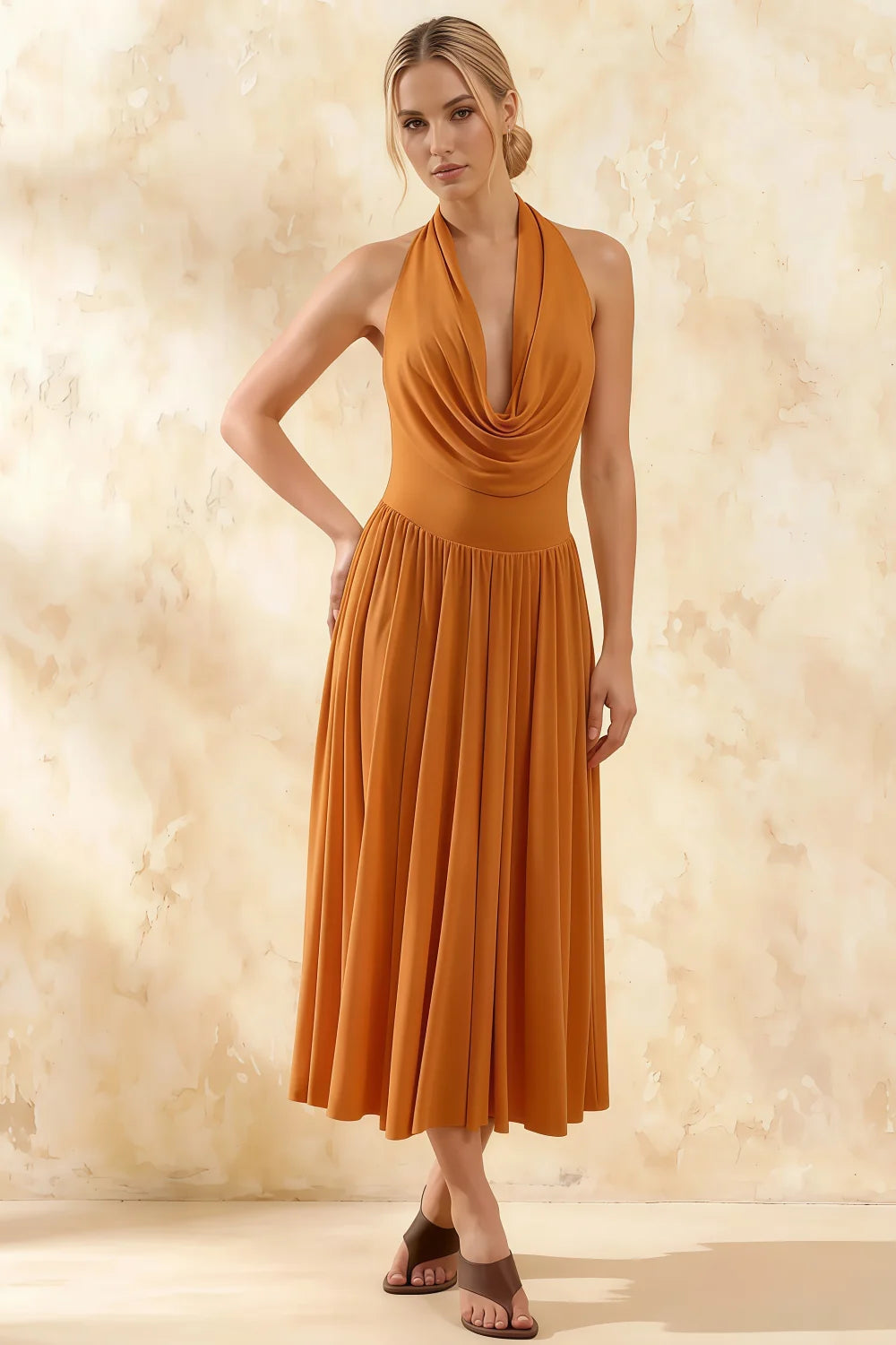 Ilene Burnt Orange Jersey Cowl Neck Midi Dress Main image