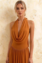Ilene Burnt Orange Jersey Cowl Neck Midi Dress