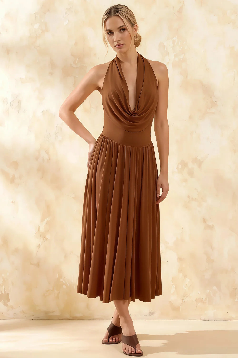 Ilene Coffee Jersey Cowl Neck Midi Dress Main image
