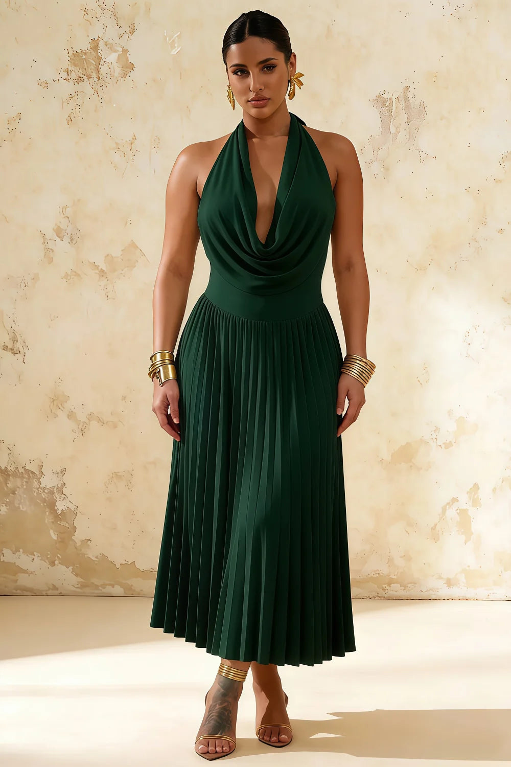 Ilene Dark Green Jersey Cowl Neck Midi Dress