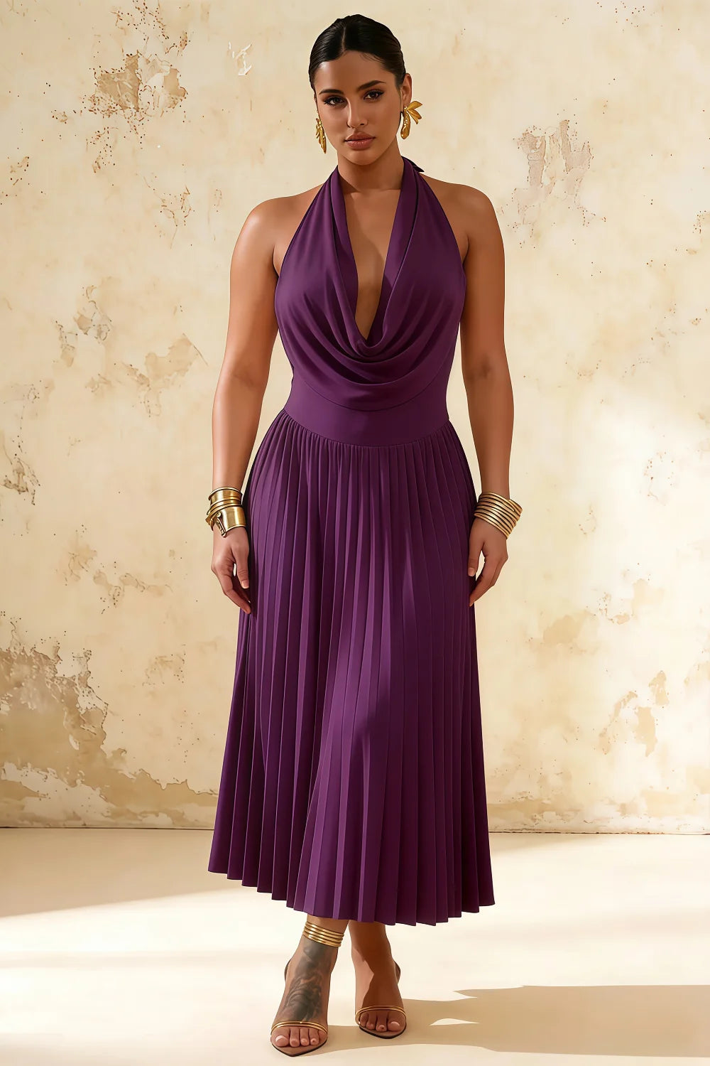 Ilene Grape Jersey Cowl Neck Midi Dress