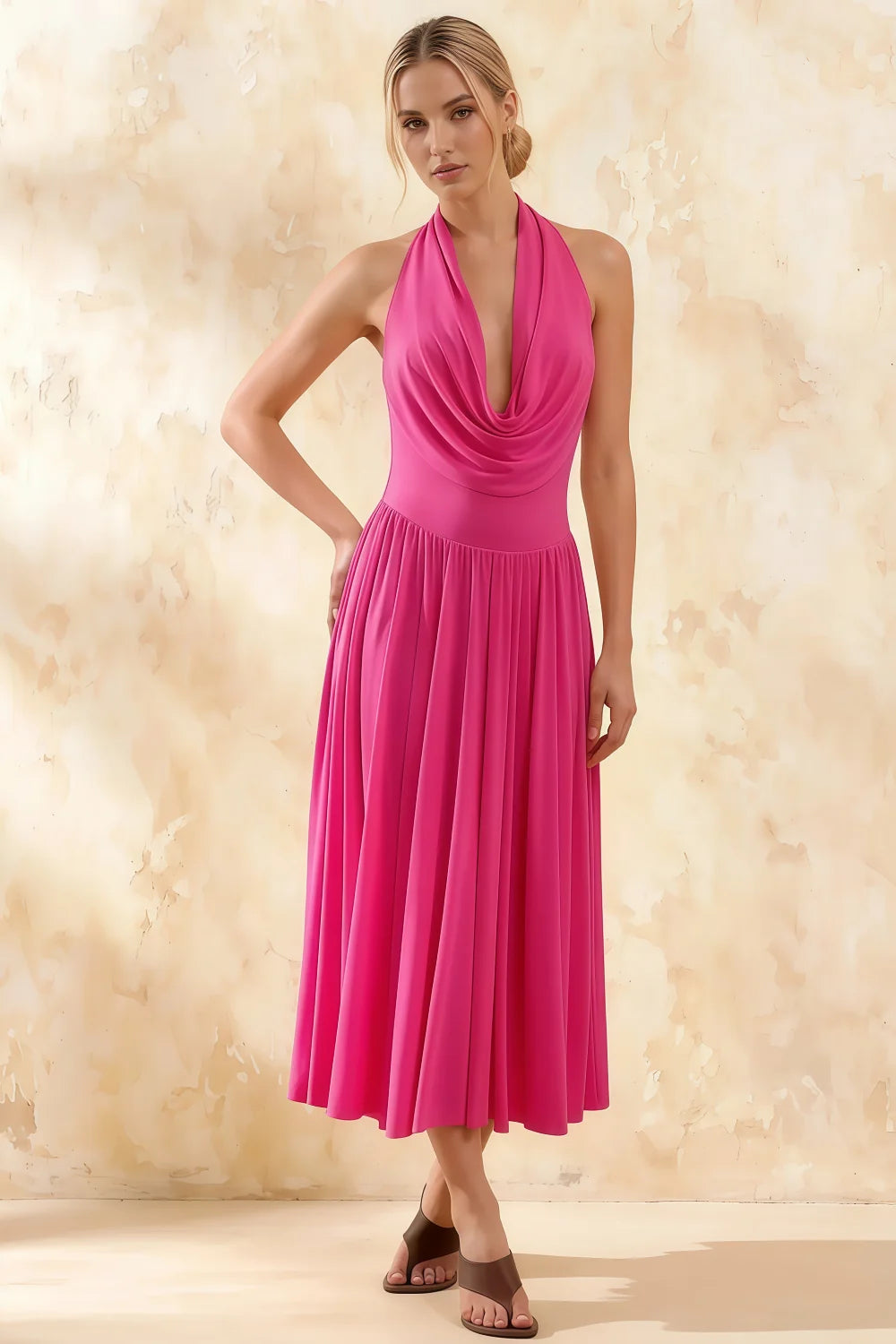 Ilene Hot Pink Jersey Cowl Neck Midi Dress Main image