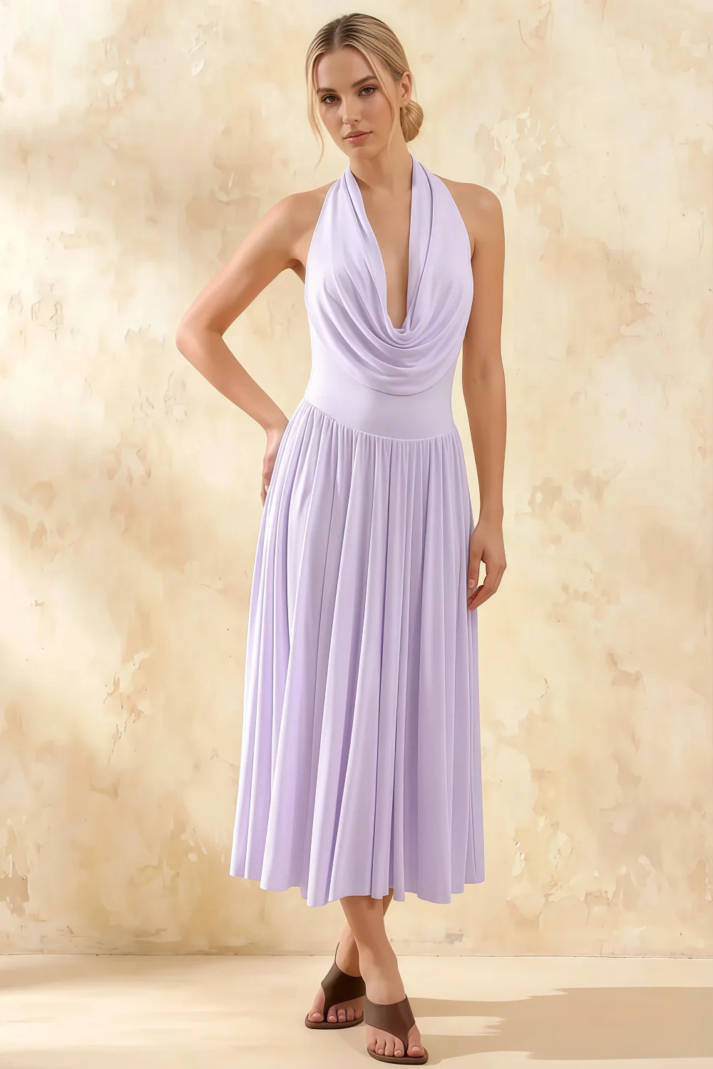 Ilene Lavender Jersey Cowl Neck Midi Dress Main image
