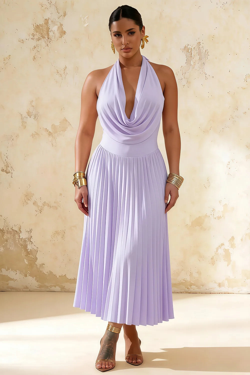 Ilene Lavender Jersey Cowl Neck Midi Dress