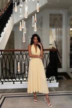 Ilene Lemon Jersey Cowl Neck Midi Dress