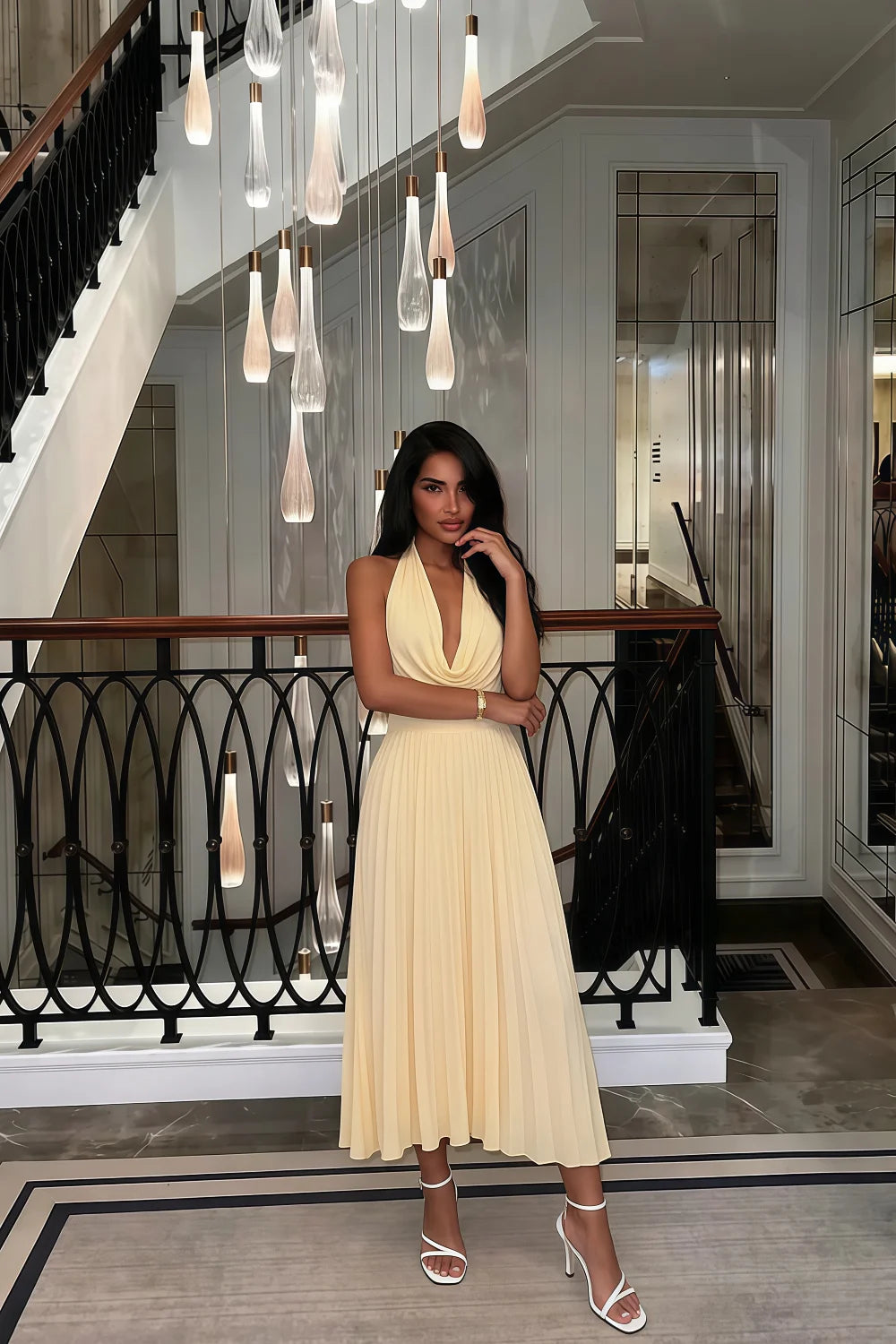 Ilene Lemon Jersey Cowl Neck Midi Dress