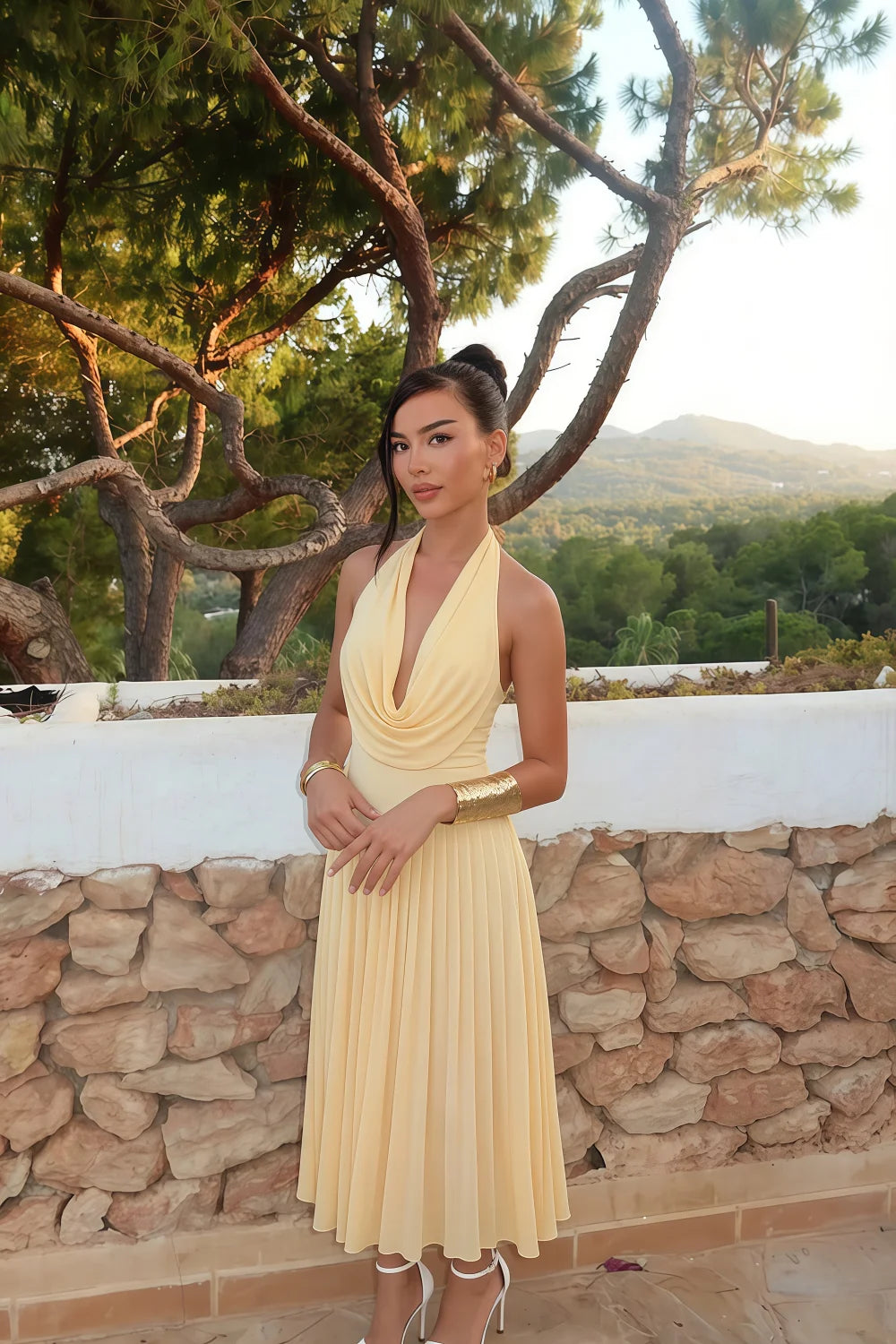 Ilene Lemon Jersey Cowl Neck Midi Dress