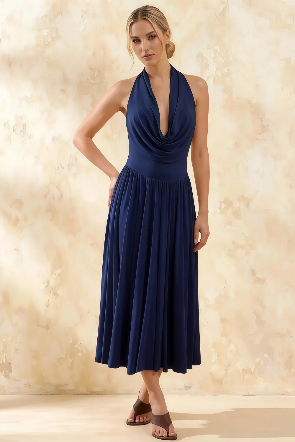 Ilene Navy Blue Jersey Cowl Neck Midi Dress