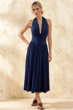 Ilene Navy Blue Jersey Cowl Neck Midi Dress