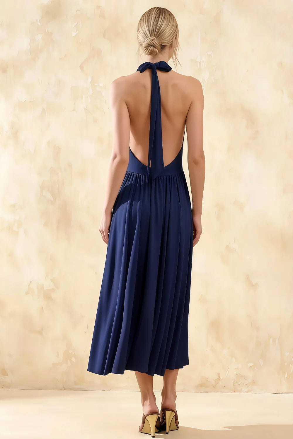 Ilene Navy Blue Jersey Cowl Neck Midi Dress