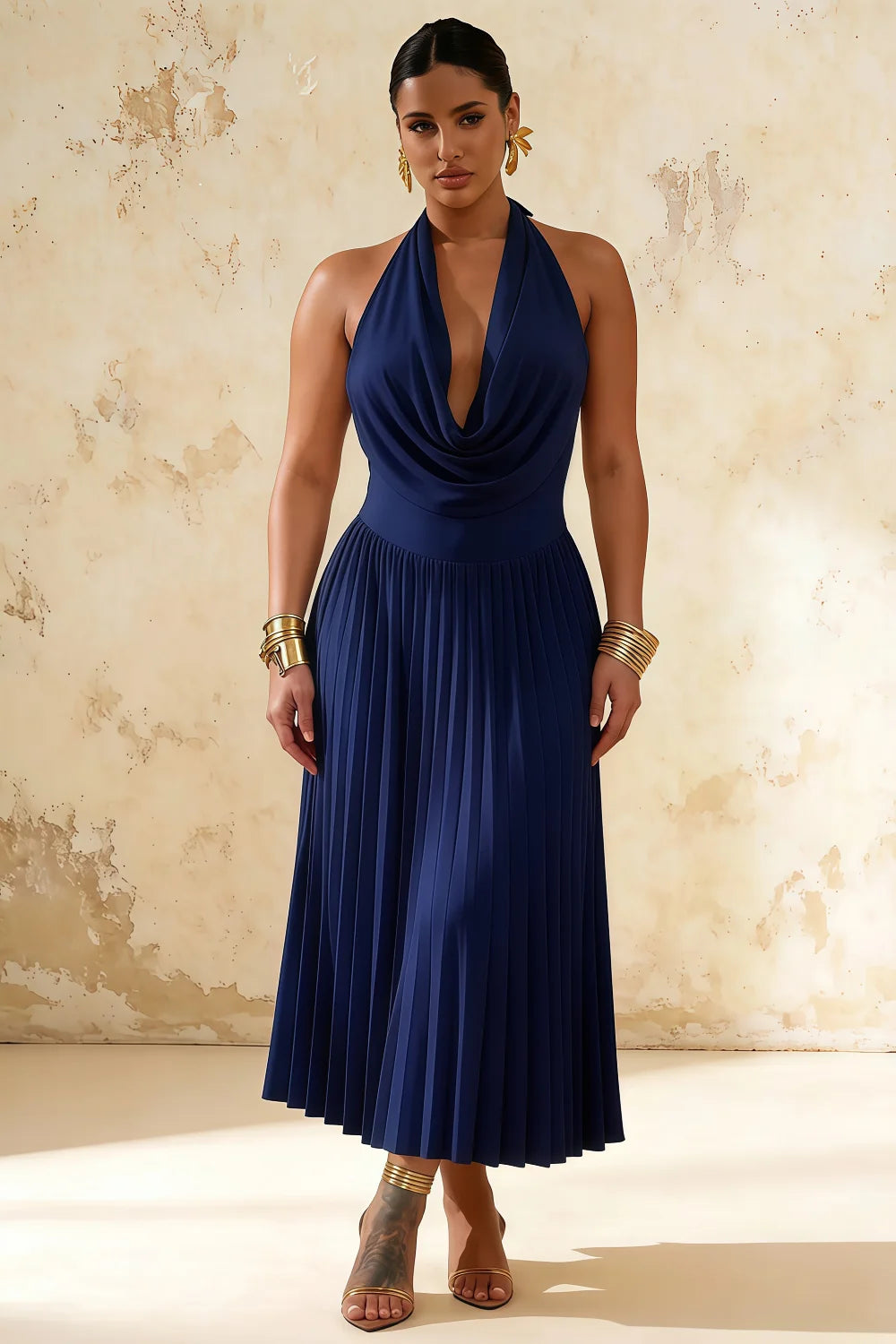 Ilene Navy Blue Jersey Cowl Neck Midi Dress