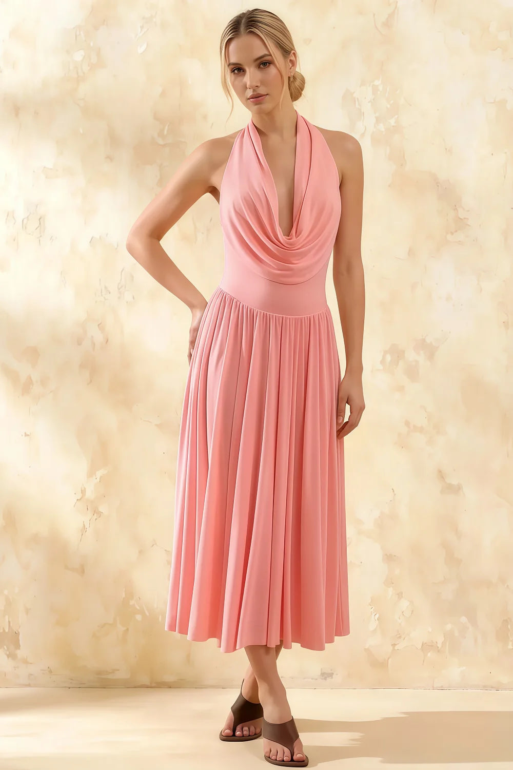 Ilene Pink Jersey Cowl Neck Midi Dress