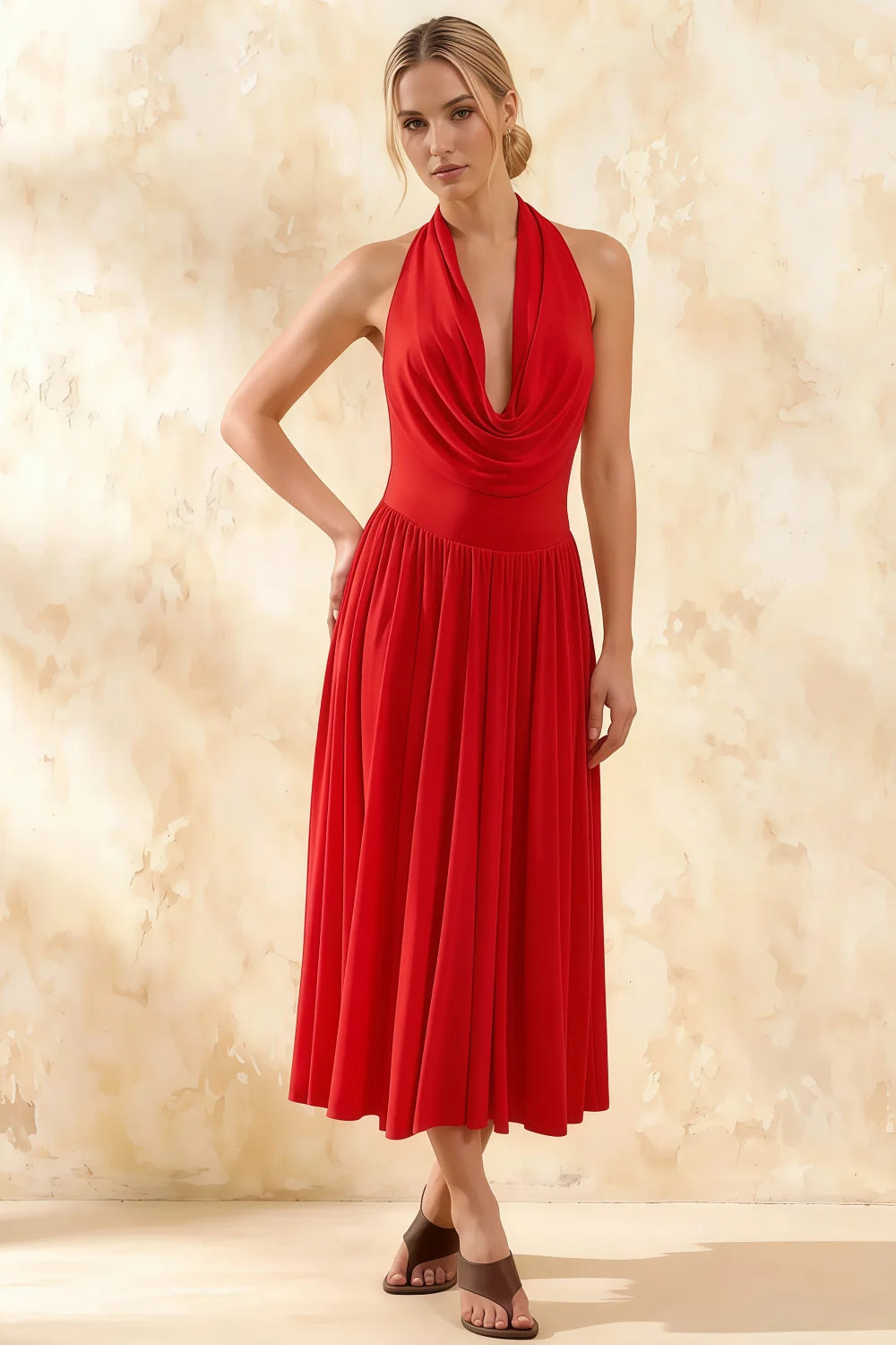 Ilene Red Jersey Cowl Neck Midi Dress